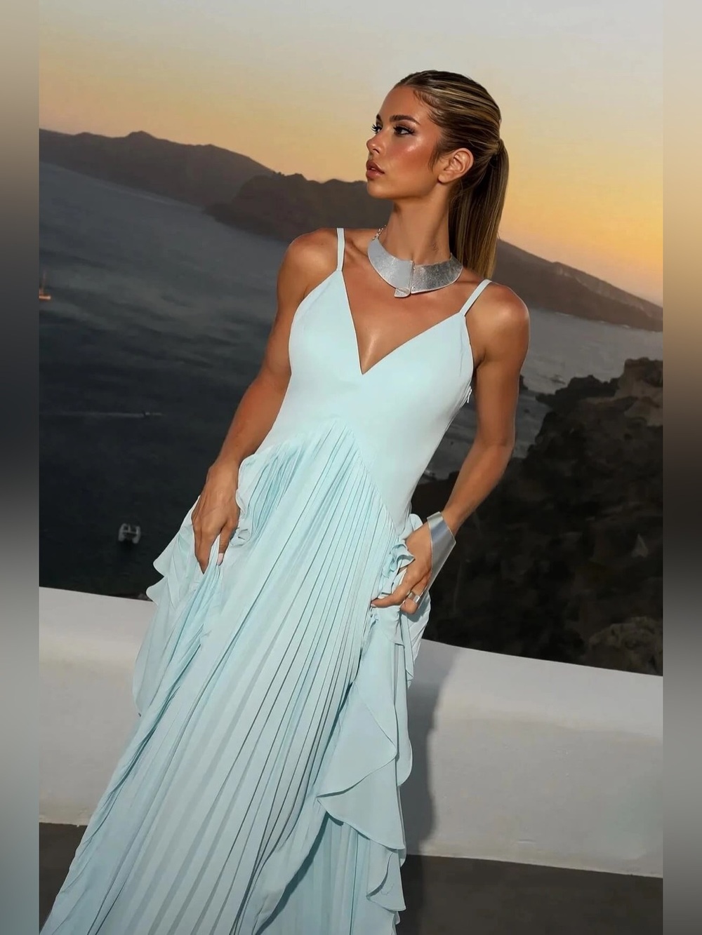 Ice Blue Ruffle Mermaid Pleated Maxi Dress with Adjustable Straps XL NWOT